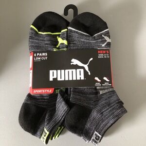 PUMA Socks Men's Shoe Sz 8-12 Black/Gray/Green Low Cut‎ Cushion Mesh Vent 6 Pair